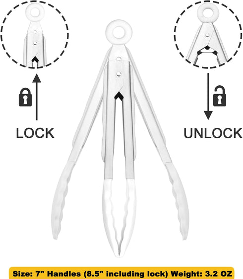 Set of 3 Mini Tongs with Silicone Tips, 7-Inch Kids Serving Tongs (White)