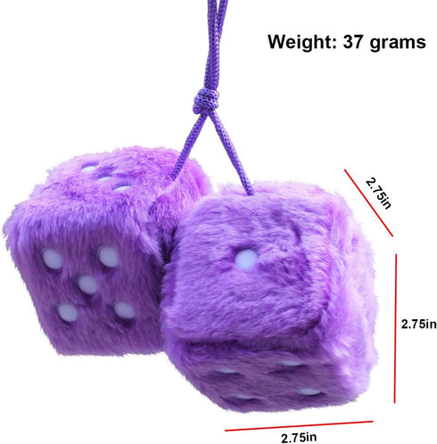 Pair of Retro 3 inch Fuzzy Plush Dice with Dots, Car Mirror Hanging Decoration, Purple
