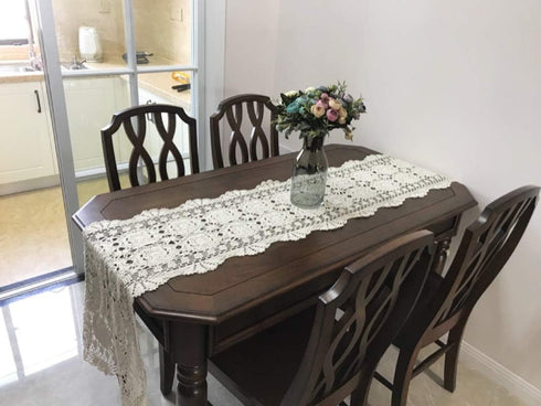 Damanni Rectangular Cotton Handmade Crochet Lace Table Runner Doilies, 16 Inch by 47 Inch, Beige Decor