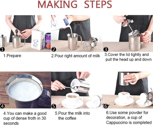 Manual Milk Creamer Frother, Stainless Steel Hand Pump Double Mesh Blender for Coffee Foamer, 400ML
