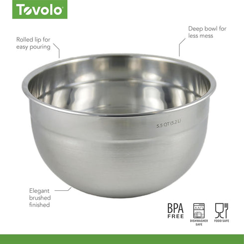 Tovolo Stainless Steel Mixing Bowls, 5.5 Qt, Dishwasher Safe for Kitchen Prep & Cooking