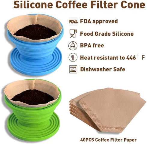 Abnaok Set of 2 Collapsible Pour Over Coffee Dripper, Silicone Reusable Cone Filter Holder with 40Pcs Paper Filters for