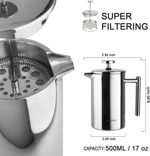 Secura French Press Coffee Maker, 304 Grade Stainless Steel Insulated Coffee Press, 17oz (0.5 Litre), Silver