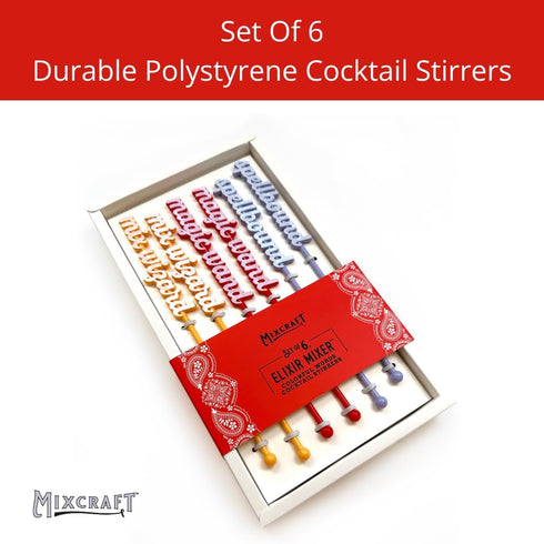 MixCraft Elixir Mixer Cocktail Stirrers - Set of 6 Stainless Steel Drink Stirring Swizzle Sticks with Colorful Words