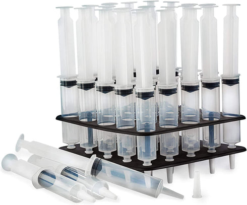 25 Pack (1oz) Jello Shot Syringes Combo with Tray/Racking Stand for Holiday Party Supplies