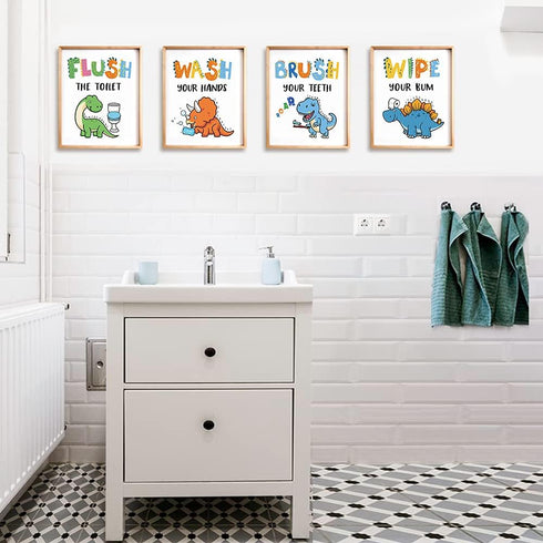 Dinosaur Bathroom Decor - Funny Themed Inspirational Quotes Art Print, Set of 4 (8”X10”), Unframed