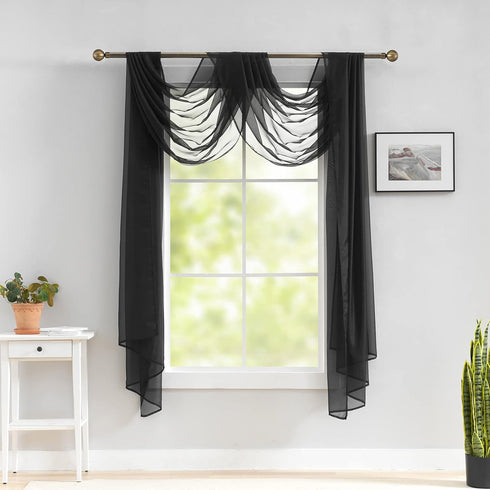 Black Scarf Valances for Windows - Sheer Window Scarf Valance, 144 Inch Curtain Scarf Swag Curtains, Sheer Valances for Windows Fabric for Draping, Bed Canopy Curtains 52Wx144L