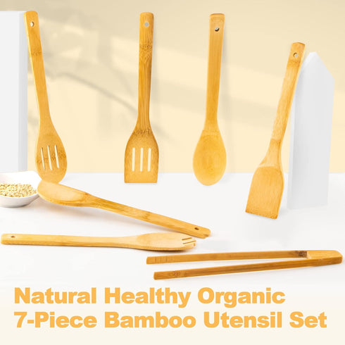Wooden Spoons for Cooking, 7-Piece Kitchen Nonstick Bamboo Cooking Utensils Set, Durable and Healthy Bamboo Wooden