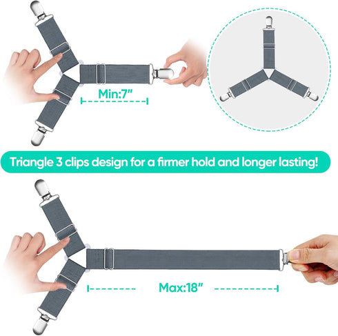 Bed Sheet Straps, Adjustable Fitted Sheet Clips, Easy to Install Fasteners, Say Goodbye to Messy Sheets (Gray-4 Pcs)