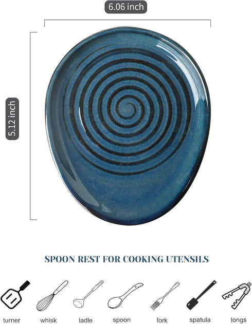 Ceramic Spoon Rest for Stove Top, Spoon Holder for Kitchen Counter, Farmhouse Cooking Utensil Holder for Spoons, Ladles, Spatula, Glazed Blue