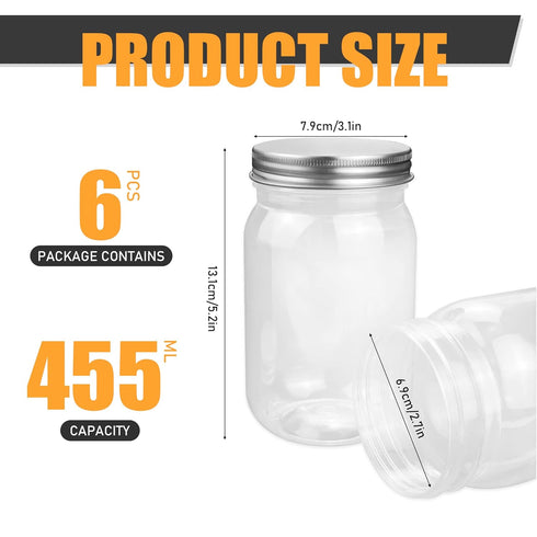 6 Pack 16 Ounce Clear Plastic Mason Jars Containers with Screw Sealing Metal Tinplate Lids, Refillable Empty PET
