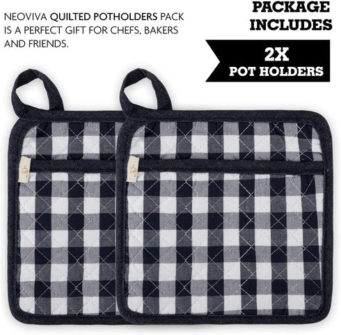 NEOVIVA Quilted Kitchen Pot Holder Set - 2 Hot Pot Holders, 8”x8”, Heat Resistant with Pocket, Checked Navy Blue