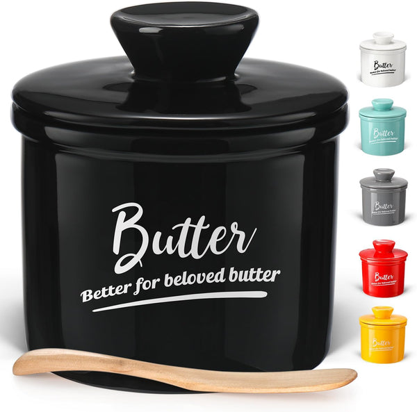 French Butter Dish Butter Crock with Lid and Knife, Keeps Butter Soft and Fresh for 2-5 Weeks, Black