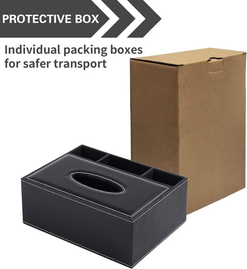 Multifunction PU Leather Tissue Box Cover, Black Rectangular Storage Box for Napkins, Remote Control, Desk Organizer
