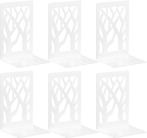 VFINE Withe Bookend 6-Piece, Tree Design Bookends for Shelves, Metal Book Ends