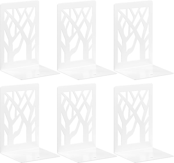 VFINE Withe Bookend 6-Piece, Tree Design Bookends for Shelves, Metal Book Ends