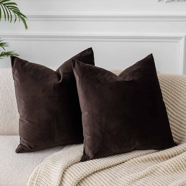 JUSPURBET Set of 2 Coffee Velvet Decorative Pillow Covers for Couch Sofa Bed, 18x18 inch, Hidden Zipper Cases