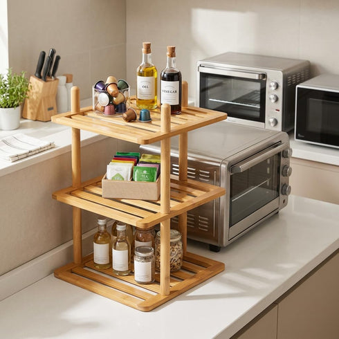3-Tier Counter, Countertop(1, 3Tier-Large-6.7"H) Cabinet Organizer Shelf - Bamboo Corner Rack for Kitchen Cabinet Space