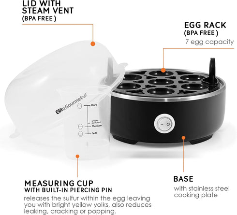 EGC115B 7-Egg Elite Gourmet Easy Egg Cooker Electric Capacity, Soft, Medium, Hard-Boiled Egg Cooker with Auto Shut-Off