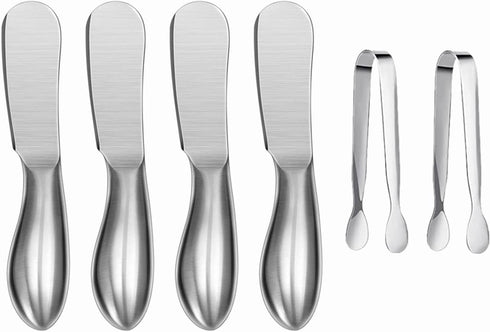 6-Piece Spreader Knife Set, Cheese and Butter Knives with Mini Serving Tongs, Stainless Steel (Silver)