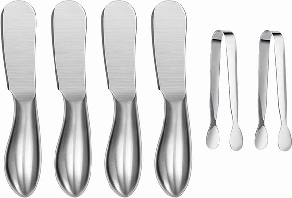 6-Piece Spreader Knife Set, Cheese and Butter Knives with Mini Serving Tongs, Stainless Steel (Silver)