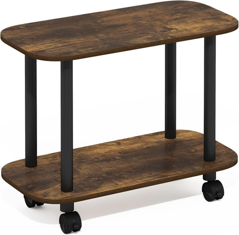 2-Tier Furinno Turn-N-Tube Side Table, Oval Sofa End Table with Wheels, Toolless Assembly Night Stand, Bedside Table