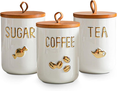 White Ceramic Canister Set for Coffee Tea Sugar, 3-Piece Food Storage Jars