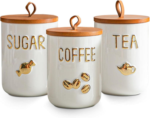 White Ceramic Canister Set for Coffee Tea Sugar, 3-Piece Food Storage Jars
