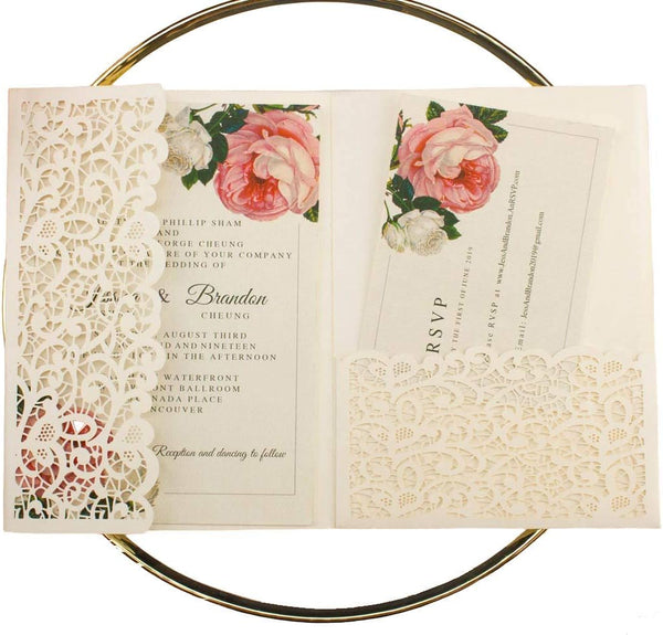 25pcs 5"x7.28" Ivory Vintage Tri Fold Wedding Invitations Cards, Pocket Pearl Paper Laser Cut Covers Only