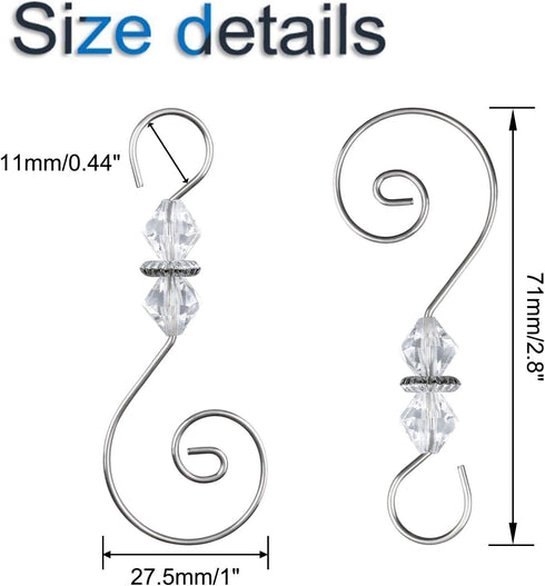 INCREWAY 30 PCS Ornament Hooks, Silver S-Shaped Hangers with Crystal Beaded for Christmas Tree Hanger Metal Hooks