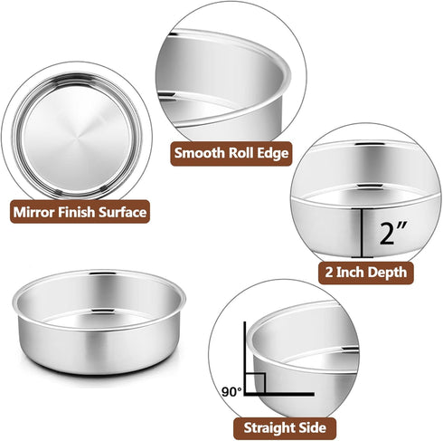 P&P CHEF 6 Inch Cake Pans Set of 4, Round Baking Pan, Stainless Steel Layer Cake Pans, Dishwasher Safe
