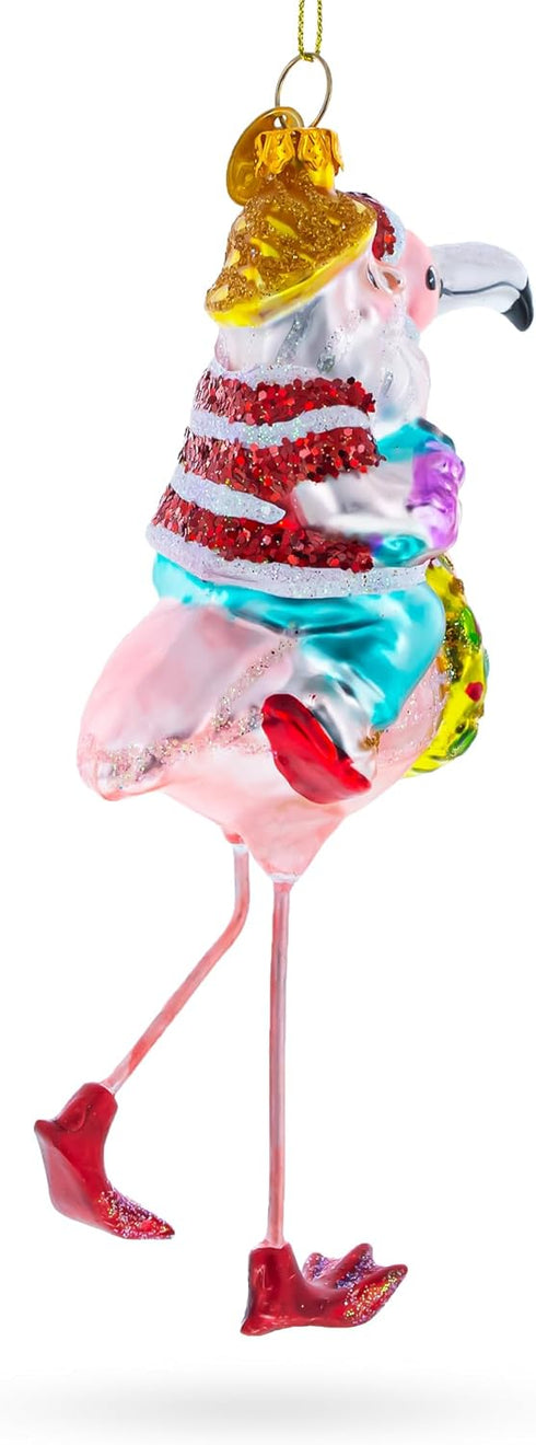 Santa Riding a Pink Flamingo Blown Glass Christmas Ornament