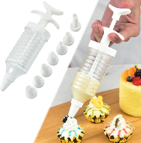 1Pc White Pipe Nozzles with Syringe 8pcs Plastic Cream Baking Piping Nozzle Dispenser Icing Pastry Tips Tube Decoration Tool, for Cupcake and Cake,Decorating Tools, Kitchen Utensils and Gadgets