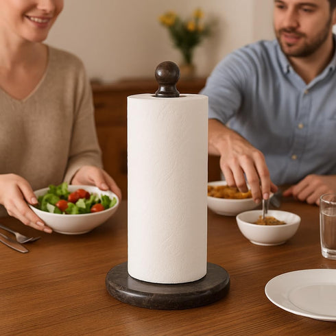 12 Heavy Natural Stone Paper Towel Holder Handcrafted from Solid Indonesian Marble, Non-Tip Weighted Base, One-Hand