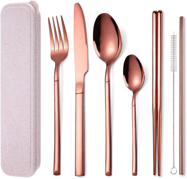 AARAINBOW 7 Pieces Stainless Steel Flatware Set, Portable Reusable Cutlery Set, Travel Utensils, Rose Golden