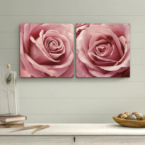 Gardenia Art Pink Rose Close Up Canvas Wall Art, 2 Piece Blush Pink Floral Paintings for Living Room or Office 12"x12"