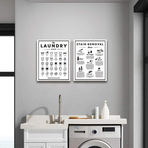 Symbols and Stain Removal Laundry Sign Canvas Art, Black White Painting for Laundry Room Decor 16x20 Inch