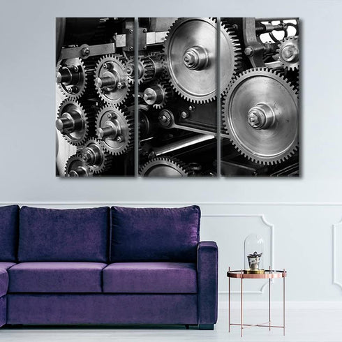 Pictures for Living Room - Black and White Gear Engine Artwork 3 Piece Canvas Prints Framed Wall Art House Decor 42"