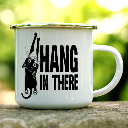 Hang in There Enamel Camping Coffee Mug, Funny Inspirational Motivationl Cat Gift Cup for Friend Coworker Women Men (12oz)