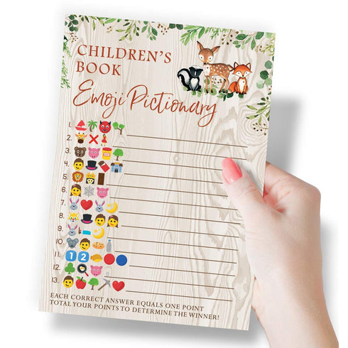 Printed Party Baby Shower Games, Children's Book Emoji Game for Boy or Girl, Woodland Forest Animals Theme, 50 Cards