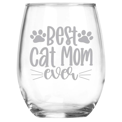 Best Cat Mom Ever Engraved Stemless Wine Glass, Unique Novelty Gift for Cat Owners, Birthday, Christmas, Mother's Day