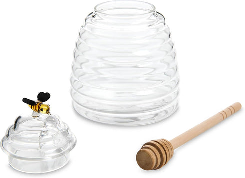 HIC Kitchen Glass Honey Jar with Lid and Honey Dipper, Borosilicate Glass and Beechwood