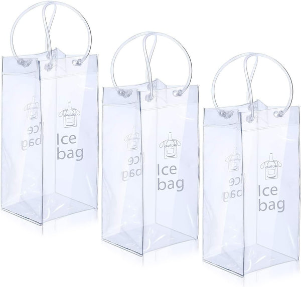 3 Pack Portable Ice Wine Bag, Collapsible Clear PVC Pouch Wine Cooler Bag, Wine Cold Bag with Handle