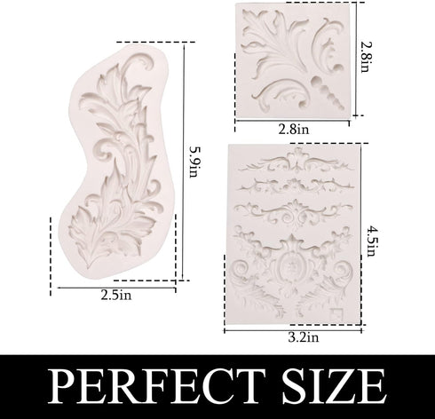 Feather Silicone Molds Baroque Fondant, 3 Pack Lace Scroll Chocolate Molds for Cake Decoration, DIY Baking
