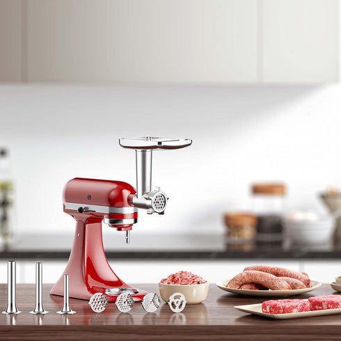 Metal Meat Grinder Attachment for KitchenAid Mixers, Includes 4 Grinding Plates, 3 Sausage Tubes