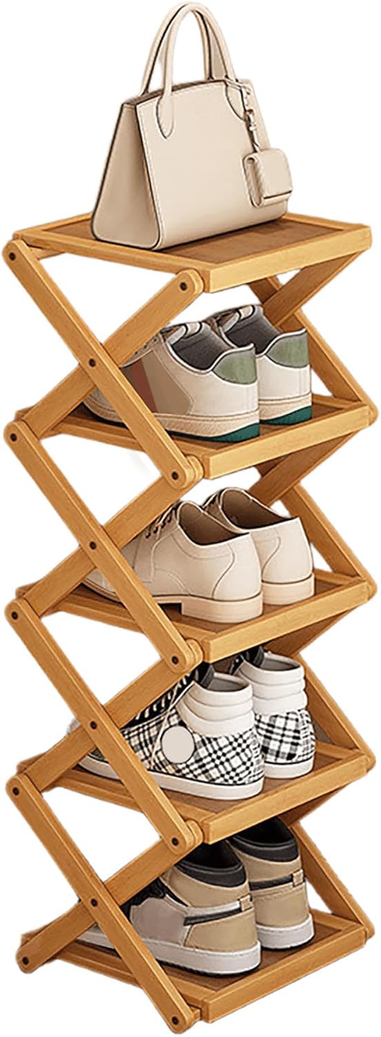 5 Tier Foldable Shoe Rack, Natural Bamboo Space Saving Shoe Storage Organizer,Easy