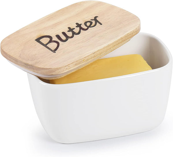 GDCZ Ceramics Butter Dish with Wooden Lid- Large Covered Butter Holder for