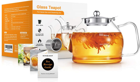 Glass Teapot, 40oz with Removable Infuser, Clear Borosilicate Glass for Blooming and Loose Tea