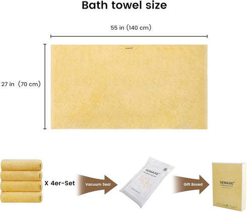 4 Set 100% 55 27 Inch, SEMAXE Piece Yellow Bath Towel for Bathroom, Cotton Bath Towels with Hanging Loop, x Soft