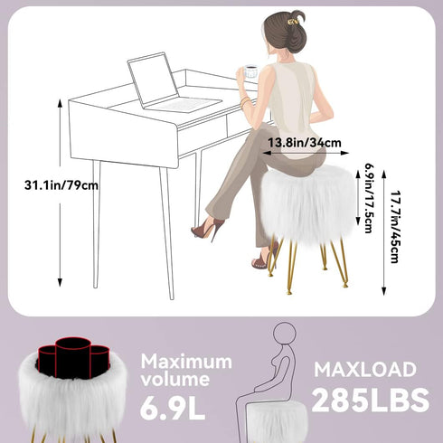 4 Vanity Stool Chair with Storage, Faux Fur Makeup Room Seat Stool, Soft Padded Seat, Round Footrest Footstools